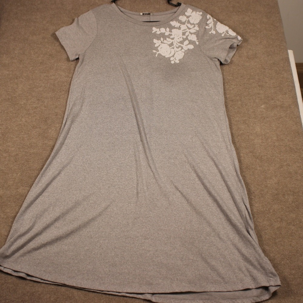 Spense Heather Gray Floral Lace Applique Short Sleeve Shift Dress Womens Medium